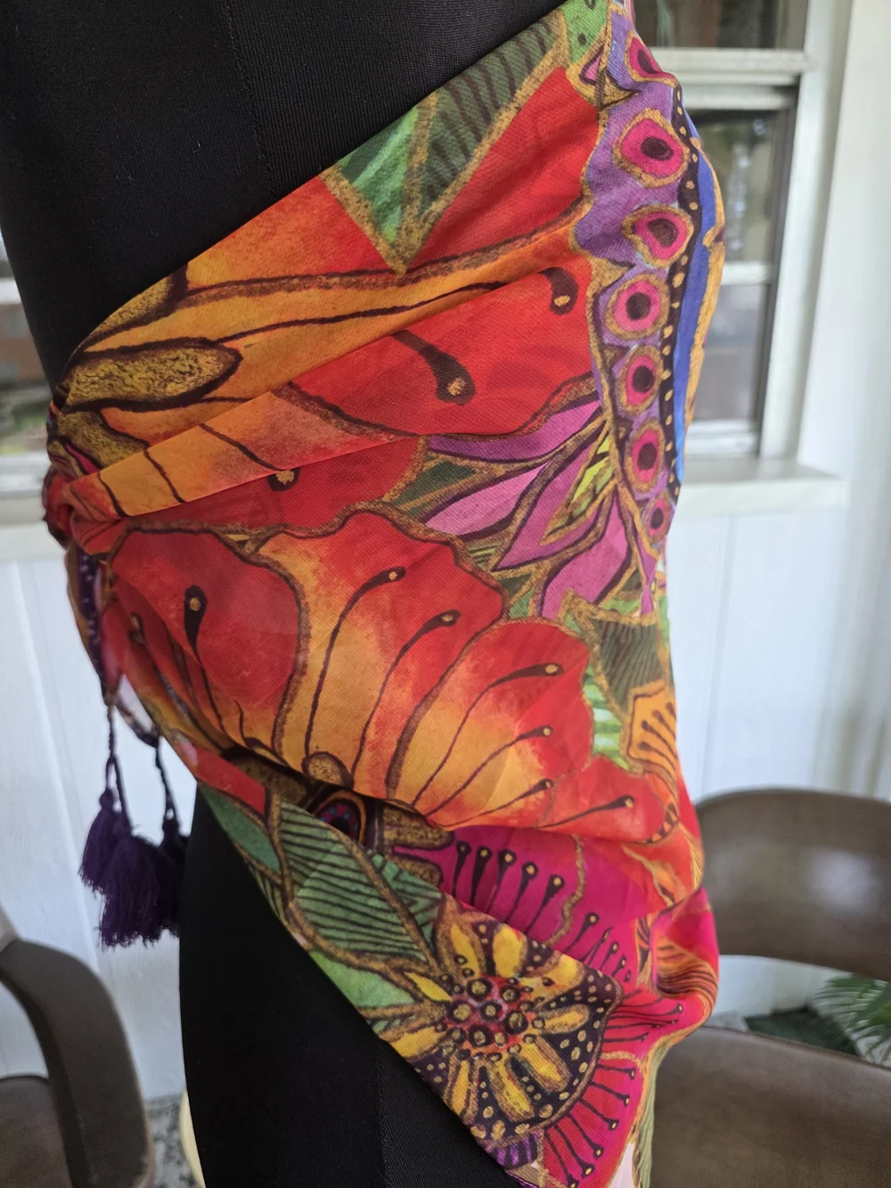 Laurel Burch Mandala Sheer Scarf Orange, Purple & Pink Floral Tassel Scarf
